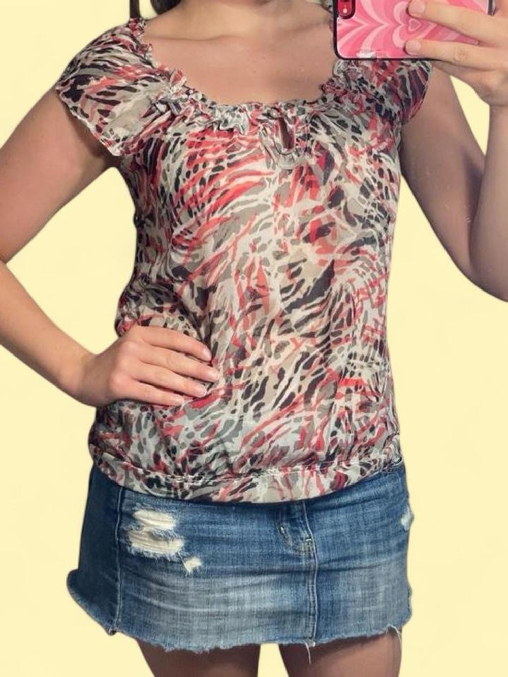 Dynamite Sheer Animal Print Blouse in Pink, Brown, and Gray